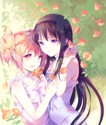 Rule 34 | 10s, 2girls, :d, akemi homura, arm around waist, bare arms, black hair, bow, choker, cover image, dress, earrings, flower, from side, hair ribbon, hairband, highres, holding, hug, jewelry, kaname madoka, long hair, looking at another, looking at viewer, mahou shoujo madoka magica, mahou shoujo madoka magica: hangyaku no monogatari, multiple girls, open mouth, pink eyes, pink hair, purple eyes, ribbon, short hair, short twintails, single earring, sleeveless, sleeveless dress, smile, twintails, upper body, white bow, white dress, yamada ako, yuri