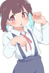 Rule 34 | 1girl, :o, black skirt, blue hair, blunt bangs, blush, brown eyes, brown hair, collared shirt, colored inner hair, commentary, hatafuta, hozuki momiji, long sleeves, looking at viewer, multicolored hair, neck ribbon, onii-chan wa oshimai!, open mouth, paw pose, red ribbon, ribbon, school uniform, shirt, short hair, short ponytail, simple background, skirt, solo, suspender skirt, suspenders, two-tone hair, white background, white shirt, wing collar