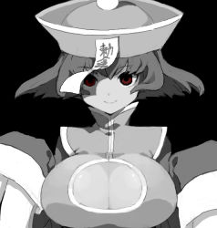 Rule 34 | 1girl, bad id, bad pixiv id, breasts, capcom, chinese clothes, cleavage cutout, clothing cutout, flipped hair, greyscale, hat, hizuki akira, jiangshi, large breasts, lei lei, looking at viewer, monochrome, oekaki, ofuda, qingdai guanmao, red eyes, short hair, smile, solo, spot color, turtleneck, upper body, vampire (game), zombie
