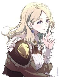 Rule 34 | 1girl, blonde hair, blue eyes, brown dress, dress, earrings, fire emblem, fire emblem: three houses, fire emblem warriors: three hopes, frills, highres, jewelry, medium hair, mercedes von martritz, mixed-language commentary, nintendo, official alternate costume, official alternate hairstyle, parted bangs, simple background, solo, umi ( oneinchswing), white background