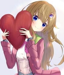 Rule 34 | 1girl, 9-nine-, absurdres, blue eyes, blush, breasts, cardigan, closed mouth, commentary request, eyelashes, eyes visible through hair, gear hair ornament, hair between eyes, hands up, head tilt, heart, heart-shaped pillow, highres, holding, holding pillow, kujou miyako, large breasts, light brown hair, long hair, long sleeves, looking at viewer, neck ribbon, open cardigan, open clothes, peeking out, pillow, pink cardigan, pink ribbon, ribbon, school uniform, shirt, sidelocks, simple background, smile, solo, star (symbol), takoyaki032002, upper body, very long hair, wavy hair, white background, white shirt, wing hair ornament