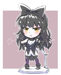 Rule 34 | 1girl, black hair, blake belladonna, bow, chibi, commentary, figma, figma stand, frown, hair bow, huffing, iesupa, pantyhose, rwby, solo, yellow eyes