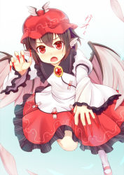 Rule 34 | 1girl, animal ears, bird wings, brown hair, color switch, cosplay, dress, feathers, fingernails, frilled dress, frilled sleeves, frills, fusion, hat, imaizumi kagerou, imaizumi kagerou (cosplay), long fingernails, mystia lorelei, nail polish, niiya, red eyes, red nails, sharp fingernails, short hair, solo, touhou, wide sleeves, wings