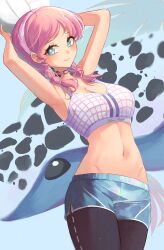 Rule 34 | 1girl, absurdres, arknights, armpits, arms up, ball, bare arms, bare shoulders, black pants, blue eyes, blue poison (arknights), blue poison (shoal beat) (arknights), blue shorts, braid, breasts, choker, cleavage, commentary, cowboy shot, crop top, highres, holding, holding ball, large breasts, leggings, long hair, midriff, navel, official alternate costume, pants, pink choker, pink hair, plaid, poison dart frog, remirii, short shorts, shorts, solo, spaghetti strap, sports bra, standing, stomach, thighs, twin braids, volleyball, volleyball (object)