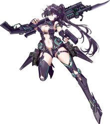 Rule 34 | 1girl, armor, armored boots, armpit peek, barcode, barcode tattoo, bayonet, black gloves, black hair, black thighhighs, blue eyes, boots, breasts, center opening, cleavage, closed mouth, d. (ddot2018), eyepatch, fingerless gloves, full body, gloves, gun, handgun, headgear, holding, holding gun, holding weapon, iron saga, leotard, long hair, looking at viewer, medium breasts, midriff, navel, official art, over shoulder, pistol, ponytail, rifle, serenity (iron saga), sideboob, solo, tattoo, thighhighs, transparent background, weapon, weapon over shoulder
