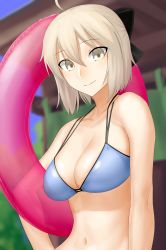 Rule 34 | 1girl, absurdres, ahoge, bikini, black bow, blonde hair, blue bikini, blurry, bow, breasts, cleavage, closed mouth, commentary request, day, depth of field, fate/grand order, fate (series), from side, gishu, hair between eyes, hair bow, half updo, halterneck, hand on own hip, highres, holding, holding swim ring, innertube, koha-ace, looking at viewer, multi-strapped bikini, okita souji (fate), okita souji (koha-ace), outdoors, parted bangs, short hair, smile, solo, string bikini, swim ring, swimsuit, yellow eyes