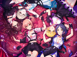 Rule 34 | 2girls, 3girls, bed sheet, blush, bottle, breasts, brooch, cleavage, cosmetics, feet out of frame, fingerless gloves, fingernails, gloves, gradient hair, hair spread out, hayami kanade, highres, holding hands, ichinose shiki, idolmaster, idolmaster cinderella girls, idolmaster cinderella girls starlight stage, jewelry, jougasaki mika, large breasts, lipps (idolmaster), lipstick, lipstick mark, looking at viewer, lying, makeup, miyamoto frederica, multicolored hair, multiple girls, nail polish, official art, on back, on side, open collar, perfume bottle, shiomi syuko, shirt, single glove, sleeveless, sleeveless shirt, smile, thigh strap, third-party edit, white shirt