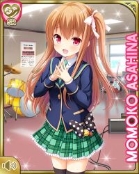 Rule 34 | 1girl, asahina momoko, badge, black thighhighs, blazer, blue jacket, bow, brown hair, button badge, card (medium), character name, day, drum, drum set, girlfriend (kari), hair bow, hair ribbon, indoors, instrument, jacket, necktie, official art, one side up, open mouth, own hands together, plaid, plaid skirt, polka dot, polka dot bow, qp:flapper, red eyes, ribbon, school uniform, side ponytail, skirt, smile, solo, thighhighs