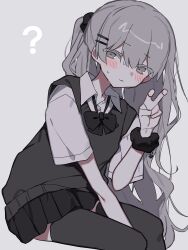Rule 34 | 1girl, ?, absurdres, ameno (motiizamurai), between legs, black bow, black bowtie, black scrunchie, black skirt, black thighhighs, black vest, blush, bow, bowtie, closed mouth, collared shirt, grey eyes, grey hair, hair ornament, hairclip, hand between legs, highres, invisible chair, long hair, looking at viewer, original, pleated skirt, school uniform, scrunchie, shirt, short sleeves, simple background, sitting, skirt, solo, sweat, sweater vest, thighhighs, v, very long hair, vest, white background, white shirt, wrist scrunchie, zettai ryouiki