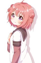Rule 34 | 1girl, absurdres, ahoge, akaza akari, black sailor collar, blush, closed mouth, commentary, double bun, drop shadow, from side, hair bun, hand up, happy, highres, jacket, layered sleeves, long sleeves, looking at viewer, looking to the side, minatsuki hitoka, nanamori school uniform, purple eyes, red hair, sailor collar, school uniform, short hair, short over long sleeves, short sleeves, simple background, smile, solo, split mouth, upper body, white background, white jacket, yuru yuri