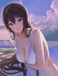 Rule 34 | 1girl, absurdres, arms under breasts, bare arms, bare shoulders, bikini, black hair, blue eyes, breasts, cleavage, collarbone, commentary, cup, day, drinking glass, highres, long hair, looking at viewer, medium breasts, mole, mole under eye, myabit, original, outdoors, smile, solo, swimsuit, very long hair, wet, white bikini