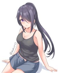 Rule 34 | 1girl, ariake (kancolle), black hair, black tank top, casual, cowboy shot, grey shorts, hair over one eye, highres, kantai collection, looking at viewer, official alternate costume, one-hour drawing challenge, ponytail, purple eyes, shidas0459, shorts, simple background, sitting, solo, tank top, twitter username, white background