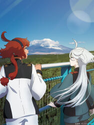 Rule 34 | 2girls, absurdres, ahoge, artist request, asticassia school uniform, black hairband, blue sky, cloud, copyright notice, fence, floating hair, forest, from behind, gundam, gundam suisei no majo, hair tubes, hairband, highres, landscape, long hair, low ponytail, miorine rembran, mountain, multiple girls, nature, official art, photo background, profile, red hair, school uniform, sky, suletta mercury, very long hair, white hair