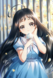 Rule 34 | 1girl, :t, ahoge, black eyes, black hair, blue dress, blush, borrowed character, closed mouth, commentary, cowboy shot, day, dress, eating, english commentary, food, hand on own cheek, hand on own face, holding, holding food, ice cream, ice cream cone, kaze-hime, long hair, original, outdoors, petals, puffy short sleeves, puffy sleeves, sailor collar, short sleeves, smile, solo, very long hair, white sailor collar