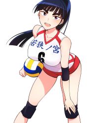 Rule 34 | 1girl, ball, black hair, breasts, clothes writing, ebino mei, hatsukoi zombie, highres, large breasts, legs apart, long hair, looking at viewer, minenami ryou, official art, open mouth, ponytail, purple eyes, simple background, sleeveless, smile, sportswear, standing, thick eyebrows, volleyball, volleyball (object), volleyball uniform, white background