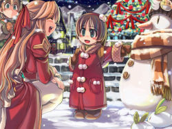 Rule 34 | backpack, bag, blonde hair, blush, boats, brown hair, buttons, carrot, christmas, christmas tree, coat, gloves, green eyes, house, lights, mil (xration), open mouth, ragnarok online, randoseru, ribbon, scarf, smiley face, snow, snowman, star (symbol), tagme, wreath