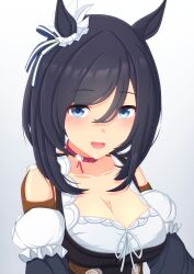 Rule 34 | 1girl, 2-butani, absurdres, animal ears, apron, black hair, black sleeves, blouse, blue eyes, bob cut, bodice, breasts, choker, cleavage, commentary, detached sleeves, dirndl, ear scrunchie, eishin flash (umamusume), frilled apron, frilled sleeves, frills, from side, german clothes, hair between eyes, highres, horse ears, horse girl, looking at viewer, looking to the side, medium breasts, red choker, scrunchie, shirt, short hair, simple background, smile, solo, umamusume, upper body, white apron, white background, white scrunchie, white shirt