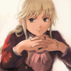 Rule 34 | androgynous, ascot, blonde hair, furutachirikonbu, gender request, grey eyes, head rest, jewelry, lowres, male focus, own hands clasped, own hands together, ponytail, ring, smile, solo, umineko no naku koro ni, ushiromiya lion