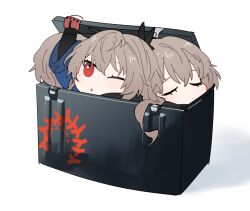 Rule 34 | 3girls, bow, brown hair, chibi, clone, closed eyes, commentary request, crate, fingerless gloves, girls&#039; frontline, gloves, hair bow, in container, long hair, morisenn, multiple girls, one eye closed, red eyes, red gloves, simple background, sp9 (girls&#039; frontline), white background