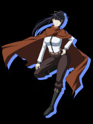 Rule 34 | 1girl, abu, black background, black eyes, black hair, boots, cape, full body, hand on own hip, hand on own thigh, high ponytail, long hair, narberal gamma, overlord (maruyama), pants, simple background, solo