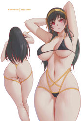 Rule 34 | 1girl, absurdres, areola slip, armpits, arms behind head, ass, bikini, black bikini, black hair, breasts, cameltoe, cleavage, earrings, from behind, gold earrings, gold hairband, hairband, highres, jewelry, large breasts, lipstick, long hair, looking at viewer, makeup, melowh, multiple views, navel, red eyes, revealing clothes, simple background, spy x family, swimsuit, thigh gap, thighs, thong, white background, yor briar
