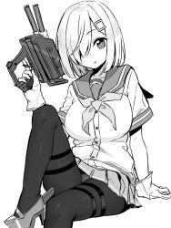 Rule 34 | 1girl, adapted turret, bad id, bad twitter id, breasts, gloves, greyscale, gun, hair ornament, hair over one eye, hairclip, hamakaze (kancolle), invisible chair, kantai collection, large breasts, looking at viewer, monochrome, neckerchief, pantyhose, pleated skirt, school uniform, serafuku, shisoneri, short hair, short sleeves, sitting, skirt, solo, weapon