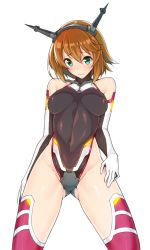 Rule 34 | 10s, 1girl, adapted costume, alternate costume, arms at sides, bare shoulders, blush, bob cut, breasts, brown hair, cameltoe, covered erect nipples, covered navel, crotch plate, elbow gloves, embarrassed, from below, gloves, gluteal fold, green eyes, groin, hair between eyes, halterneck, hand on own hip, headgear, highleg, highleg leotard, highres, kantai collection, leotard, looking at viewer, medium breasts, mutsu (kancolle), neon trim, red thighhighs, short hair, simple background, skin tight, solo, taimanin suit, thighhighs, thighs, uyu (keyakinoki), white background