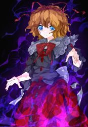 Rule 34 | 1girl, black background, blonde hair, blue eyes, bow, dress, frilled sleeves, frills, hair ribbon, highres, looking at viewer, medicine melancholy, poison, puffy sleeves, red bow, red neckwear, red ribbon, ribbon, short hair, short sleeves, skirt, smile, solo, touhou, vivo (vivo sun 0222)