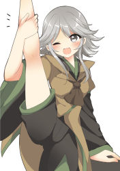 Rule 34 | 1other, androgynous, bow, brown coat, coat, highres, houlen yabusame, leg up, len&#039;en, one eye closed, open mouth, ougi hina, short hair, short hair with long locks, shorts, grey eyes, silver hair, smile, solo, split, standing, standing on one leg, standing split