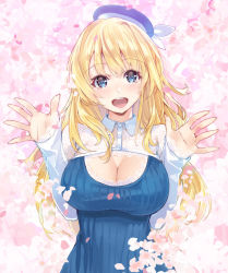 Rule 34 | 10s, 1girl, :d, atago (kancolle), beret, blonde hair, blue eyes, blue hat, blush, breasts, buttons, cherry blossoms, cleavage, cleavage cutout, clothing cutout, collared shirt, hands up, hat, head tilt, kantai collection, lace, lace-trimmed sleeves, lace trim, large breasts, long hair, long sleeves, looking at viewer, open hand, open mouth, petals, ribbed sweater, round teeth, shirt, smile, solo, striped, sweater, teeth, upper body, vertical stripes, very long hair, white shirt, yahako