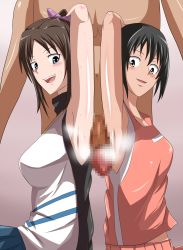 Rule 34 | 1boy, 2girls, arm up, armpit sex, armpits, artist request, black hair, blue eyes, brown hair, censored, character request, ffm threesome, group sex, highres, multiple girls, open mouth, penis, short hair, smell, source request, steam, sweat, teamwork, threesome