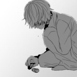 Rule 34 | 1boy, character doll, death note, dokkoi shoo, finger puppet, greyscale, hair over eyes, l (death note), mello (death note), monochrome, near (death note), pajamas, puppet, simple background, socks, solo, tears