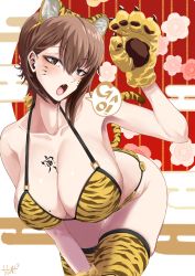 Rule 34 | 1girl, absurdres, animal ears, animal hands, animal print, artist name, bikini, breasts, brown eyes, brown hair, chinese zodiac, cleavage, commentary, egasumi, facial mark, fake animal ears, fake tail, fang, girls und panzer, gloves, half-closed eyes, halterneck, head tilt, highres, large breasts, leaning forward, looking at viewer, mole, mole on breast, new year, nishizumi maho, open mouth, paw gloves, paw pose, print bikini, print thighhighs, short hair, signature, solo, standing, string bikini, swimsuit, tail, tatami san tatami, thighhighs, tiger ears, tiger print, tiger tail, translated, whisker markings, year of the tiger, yellow bikini, yellow thighhighs