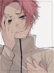 Rule 34 | 1boy, blue eyes, blue lock, collared jacket, crying, frown, hand on own face, hand up, high collar, highres, itoshi sae, jacket, long sleeves, looking at viewer, male focus, natsuneco 02, red hair, short hair, simple background, solo, tears, upper body, white background, white jacket