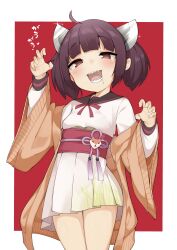Rule 34 | 1girl, @ @, absurdres, ahoge, blade, blush, breasts, brown eyes, brown hair, cardigan, claw pose, cowboy shot, drooling, hands up, headgear, highres, jovejun, long sleeves, looking at viewer, obi, off shoulder, open cardigan, open clothes, open mouth, sailor collar, saliva, sash, skirt, small breasts, solo, touhoku kiritan, two-tone background, voiceroid