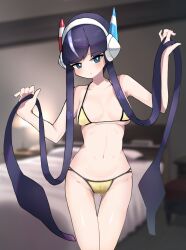 Rule 34 | 1girl, alternate costume, bare arms, bedroom, bikini, black hair, blunt bangs, blurry, blurry background, breasts, cameltoe, collarbone, commentary request, creatures (company), elesa (pokemon), game freak, hair lift, hands up, headphones, highres, indoors, lifted by self, looking at viewer, medium breasts, navel, nintendo, pokemon, pokemon bw2, r (user pzzt2437), shiny skin, short hair with long locks, solo, standing, swimsuit, yellow bikini