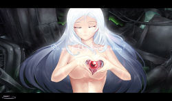 Rule 34 | 1girl, android, bare shoulders, breasts, collarbone, english text, closed eyes, female focus, heart, heart hands, highres, jinkou tenshi, letterboxed, long hair, original, solo, topless, topless frame, upper body, white hair