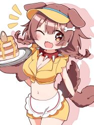 Rule 34 | 1girl, ;d, animal ears, animal hands, apron, blush, bone-shaped pupils, bone hair ornament, braid, breasts, brown eyes, brown hair, chibi, cleavage, collar, commentary, crop top, cropped shirt, dog ears, dog girl, dog tail, doggy god&#039;s street, english commentary, extra ears, fang, gloves, hair between eyes, hair ornament, hairclip, holding, holding tray, hololive, inugami korone, large breasts, long hair, looking at viewer, low twin braids, low twintails, miniskirt, official alternate costume, one eye closed, open mouth, paw gloves, rabiiandrain, red collar, shirt, skin fang, skirt, smile, solo, spiked collar, spikes, symbol-shaped pupils, tail, tray, twin braids, twintails, virtual youtuber, visor cap, waist apron, waitress, white apron, white background, yellow shirt, yellow skirt, yubi yubi (inugami korone)