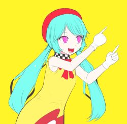 Rule 34 | 1girl, alternate costume, aqua hair, blue hair, bow, dress, gloves, hat, hatsune miku, long hair, low twintails, mei mei (vocaloid), open mouth, pink eyes, pinocchio-p, red bow, simple background, smile, solo, twintails, upper body, very long hair, vocaloid, yellow background, yellow dress