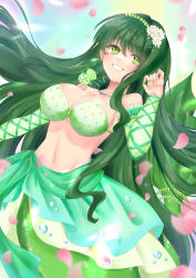 Rule 34 | 1girl, bare shoulders, blush, bra, bracelet, breasts, cherry blossoms, commentary request, dress, earrings, floating, floating hair, green eyes, green hair, grin, hair between eyes, headband, highres, jewelry, large breasts, long hair, mermaid melody pichi pichi pitch, necklace, pearl bracelet, petals, shell, shiina awo, simple background, skirt, smile, solo, touin rina, underwear, very long hair