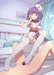 1girl bed breasts censored cleavage cum enya_murphy footjob gloves hat kikiu_bd nurse nurse_cap open_mouth panties pillow purple_eyes purple_hair sitting snowbreak:_containment_zone thighhighs underwear white_gloves white_panties white_thighhighs