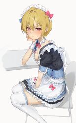 Rule 34 | 1girl, absurdres, blonde hair, blue ribbon, bow, bowtie, breasts, chair, cleavage, closed mouth, downblouse, foot out of frame, hands on own face, highres, idolmaster, idolmaster shiny colors, kneehighs, maid, maid headdress, miniskirt, on chair, purple eyes, red ribbon, ribbon, saijo juri, short hair, simple background, skirt, small breasts, socks, solo, sweatdrop, white background, yamada no orochi