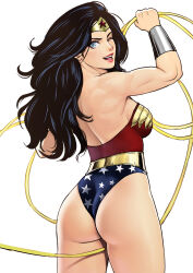 Rule 34 | 1girl, ;d, animification, arm up, ass, backless leotard, black hair, blue eyes, bracer, breasts, cowboy shot, dc comics, from behind, gold, highres, holding, holding rope, large breasts, leotard, lips, long hair, looking back, mezzo (orbanga21), multicolored leotard, one eye closed, open mouth, rope, simple background, smile, solo, star (symbol), star print, tiara, wedgie, white background, wonder woman, wonder woman (series)