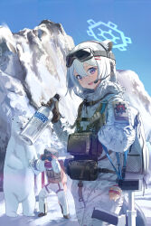 Rule 34 | 1other, 2girls, absolut vodka, absurdres, alcohol, animal, animal ears, backpack, bag, bear, binoculars, blue archive, blue sky, bottle, camouflage, chest rig, gloves, goggles, goggles on head, green hair, grey headwear, hair between eyes, halo, headset, highres, holding, holding binoculars, holding bottle, hood, hooded jacket, jacket, long sleeves, looking at viewer, multiple girls, nagul, nodoka (blue archive), open mouth, outdoors, parka, polar bear, purple eyes, red scarf, scarf, shigure (blue archive), short hair, ski goggles, sky, smile, snow, tactical clothes, vodka, white bag, white jacket