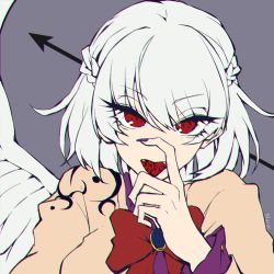 Rule 34 | 1girl, arrow (symbol), bad id, bad twitter id, bow, bowtie, coccix, commentary request, feathered wings, fingernails, grey background, grey hair, jacket, kishin sagume, long fingernails, long hair, long sleeves, looking at viewer, nail polish, one-hour drawing challenge, purple nails, purple shirt, red bow, red bowtie, red eyes, shirt, single wing, solo, tongue, tongue out, tongue tattoo, touhou, upper body, wings