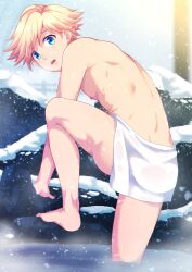 Rule 34 | 1boy, ass, barefoot, blonde hair, blue eyes, blurry, blurry background, camp buddy, covering privates, covering ass, depth of field, foot out of frame, from behind, highres, hunter springfield, looking at viewer, male focus, mikkoukun, nipples, onsen, open mouth, short hair, snow, solo, springfield hunter, towel, trap, white towel