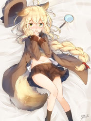 Rule 34 | 1girl, absurdres, ahoge, animal ear fluff, animal ears, bed sheet, black skirt, black socks, blonde hair, blush, braid, brown hat, brown jacket, brown sweater, commentary request, coreytaiyo, covering own mouth, dated, dress shirt, feet out of frame, flying sweatdrops, hair between eyes, hat, highres, jacket, long hair, long sleeves, looking at viewer, lying, magnifying glass, monocle, navel, nose blush, on back, open clothes, open jacket, open shirt, original, pleated skirt, shirt, signature, skindentation, skirt, socks, solo, sweater, tail, unworn hat, unworn headwear, very long hair, white shirt, yellow eyes
