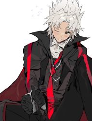 Rule 34 | 1boy, amakusa shirou (fate), amakusa shirou (phantom thief) (fate), black gloves, blush, brown eyes, chinese commentary, commentary request, cuffs, dark-skinned male, dark skin, earrings, fate/apocrypha, fate/grand order, fate (series), feet out of frame, formal, gloves, handcuffs, hat, highres, jewelry, laver (1090792977), long sleeves, looking at viewer, male focus, necktie, official alternate costume, one eye closed, red necktie, simple background, sitting, smile, solo, suit, white background, white hair