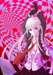 Rule 34 | 1girl, arms up, black background, black gloves, black jacket, black skirt, bow, braid, braided ponytail, breasts, checkered background, cleavage, closed mouth, collarbone, collared jacket, collared shirt, danganronpa: trigger happy havoc, danganronpa (series), ears, eyebrows hidden by hair, eyelashes, female focus, gloves, hair bow, hair ribbon, hairtie, highres, jacket, kirigiri kyoko, long hair, long sleeved jacket, long sleeves, looking at viewer, multicolored background, necktie, no bra, open clothes, open jacket, open mouth, open shirt, partially unzipped, pleated skirt, purple eyes, red background, red bow, red necktie, red ribbon, removing glove, ribbon, rurukichi, shirt, skirt, solo, standing, studded gloves, unzipped, unzipped shirt, upper body, white background, white shirt, zipper, zipper pull tab