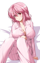 Rule 34 | 1girl, alternate costume, arm support, blush, breasts, cleavage, closed mouth, collarbone, highres, large breasts, long sleeves, looking at viewer, nori tamago, pajamas, pink hair, red eyes, saigyouji yuyuko, sitting, smile, solo, striped clothes, striped pajamas, touhou, unbuttoned